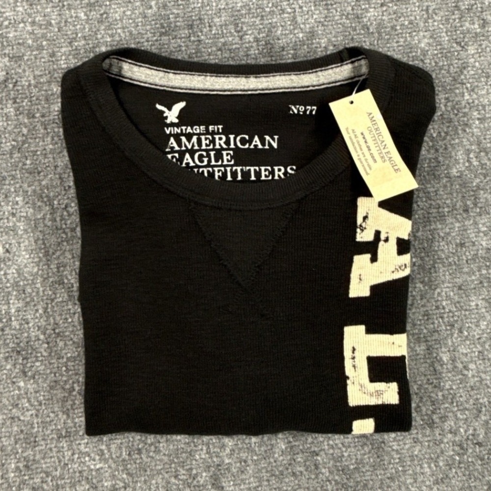 American Eagle Mens L Vintage Fit Thermal Shirt Black Graphic Long Sleeve NWT